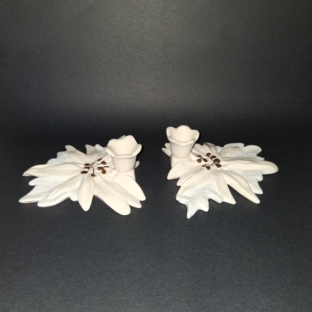 Two Ceramic White‎ Poinsettia Candlestick Holders